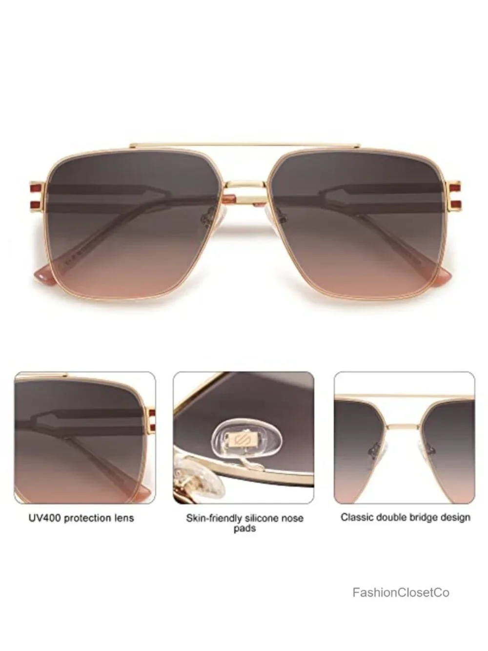 Retro Oversized Square Sunglasses Double Bridge Metal Frame UV400 Protection